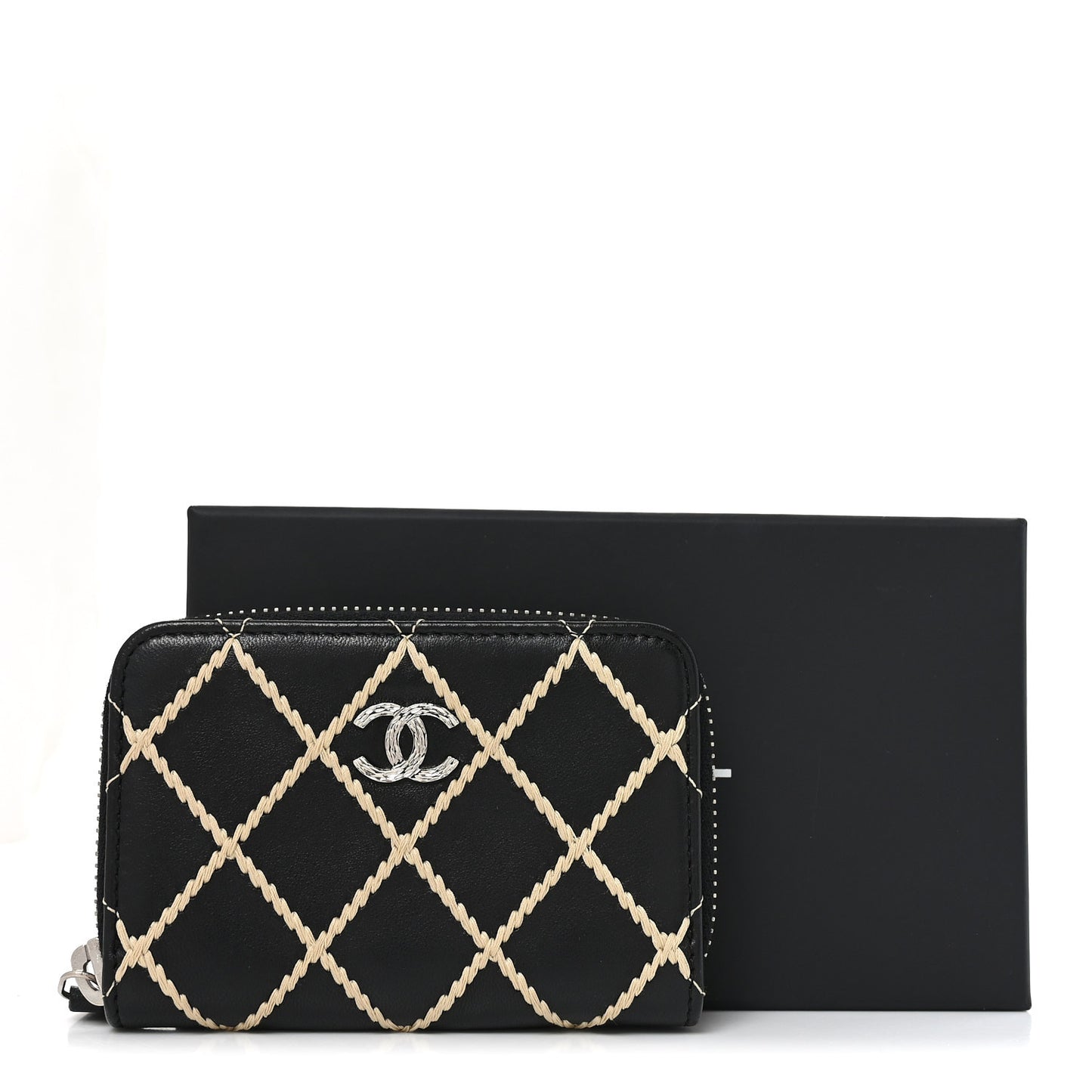 Lambskin Double Stitch Zip Coin Purse Black