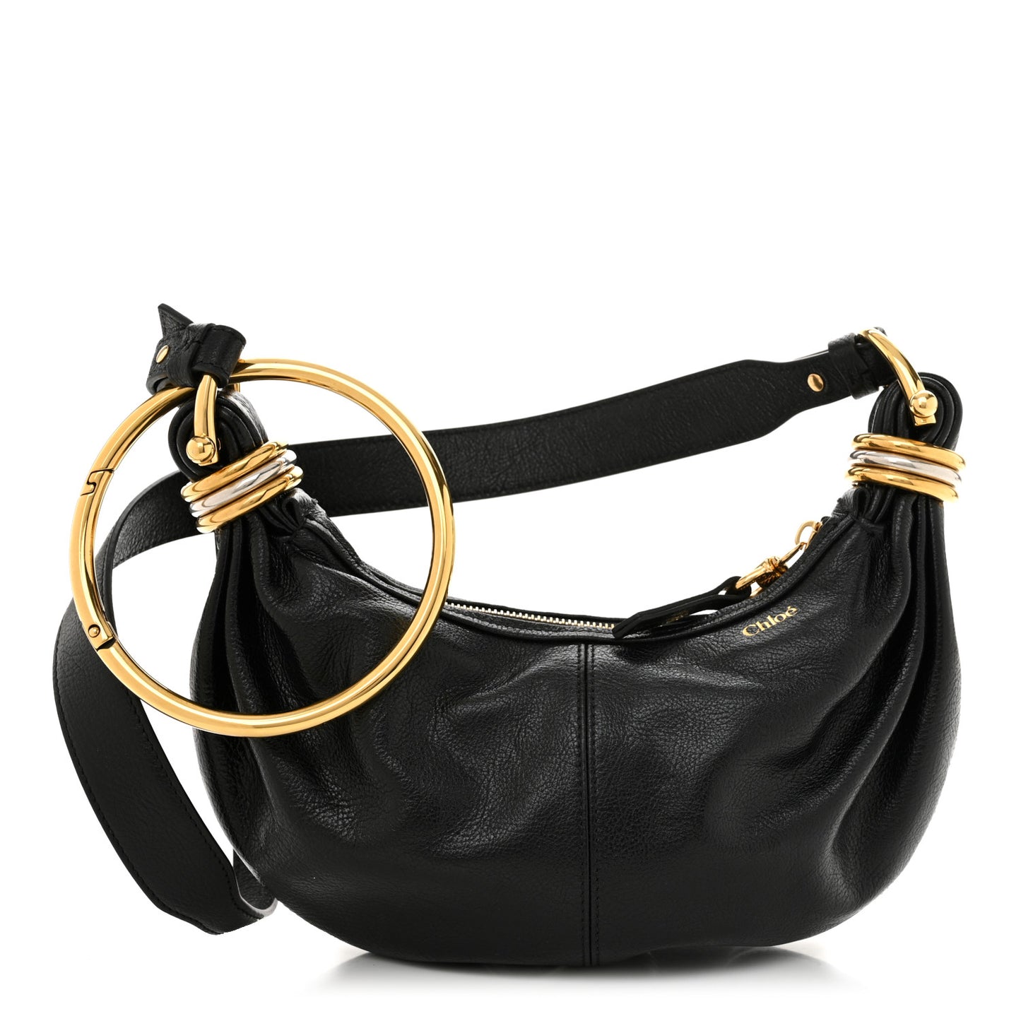 Grained Calfskin Mini Bracelet Hobo Bag Black
