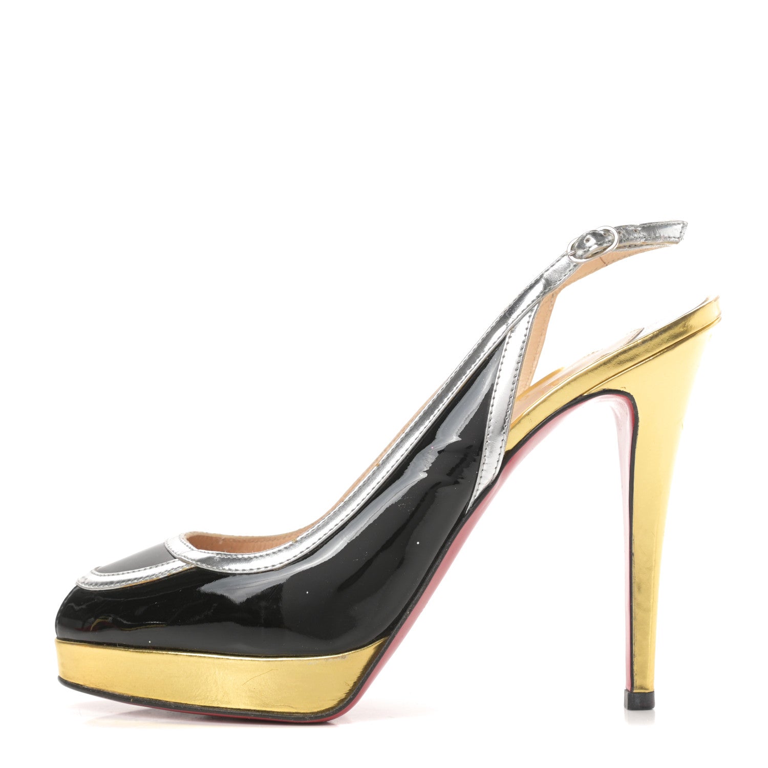 Christian Louboutin Patent Calfskin Round Toe Platform Slingback Pumps 37.5 Black 1 of 15