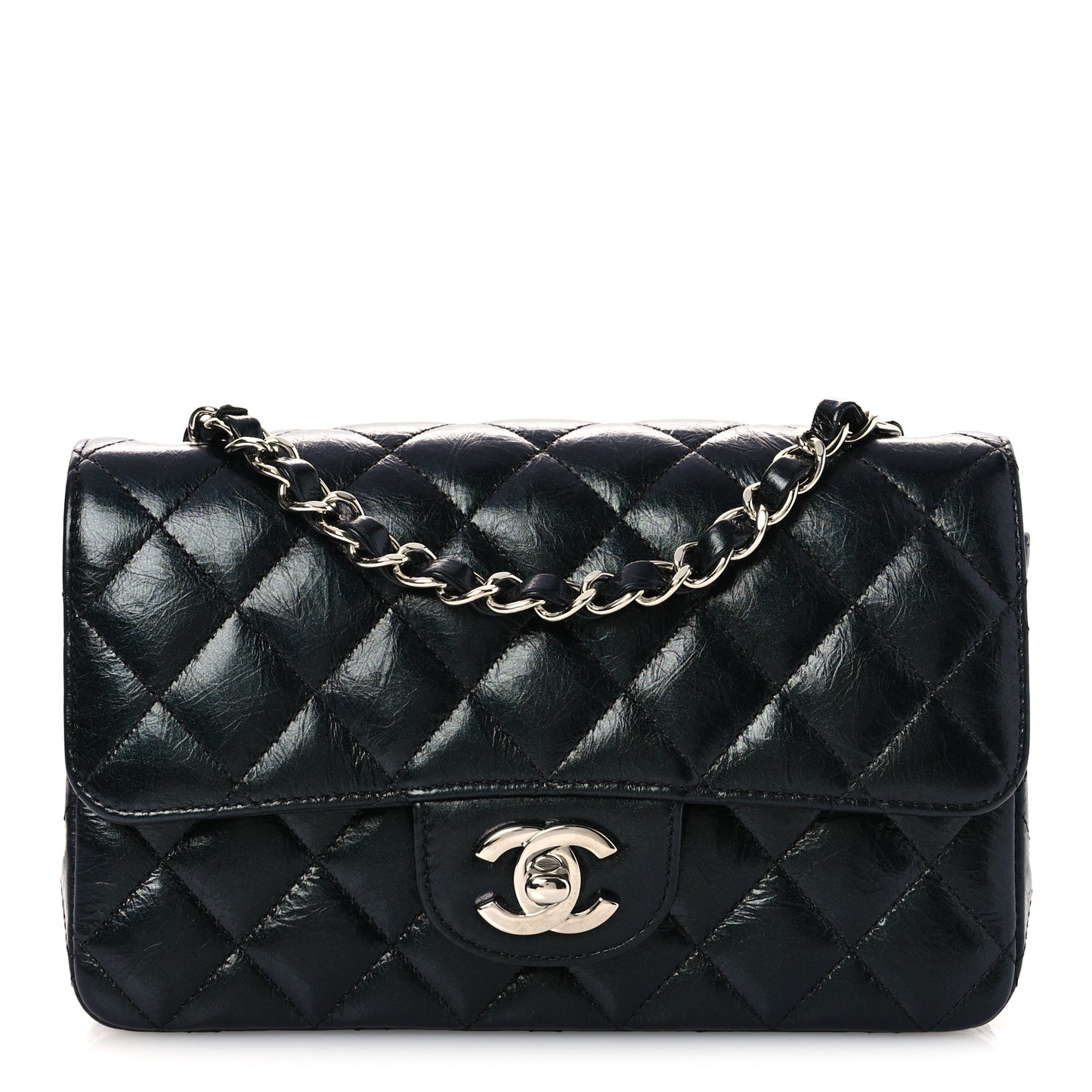 Metallic Aged Calfskin Quilted Mini Rectangular Flap  Green
