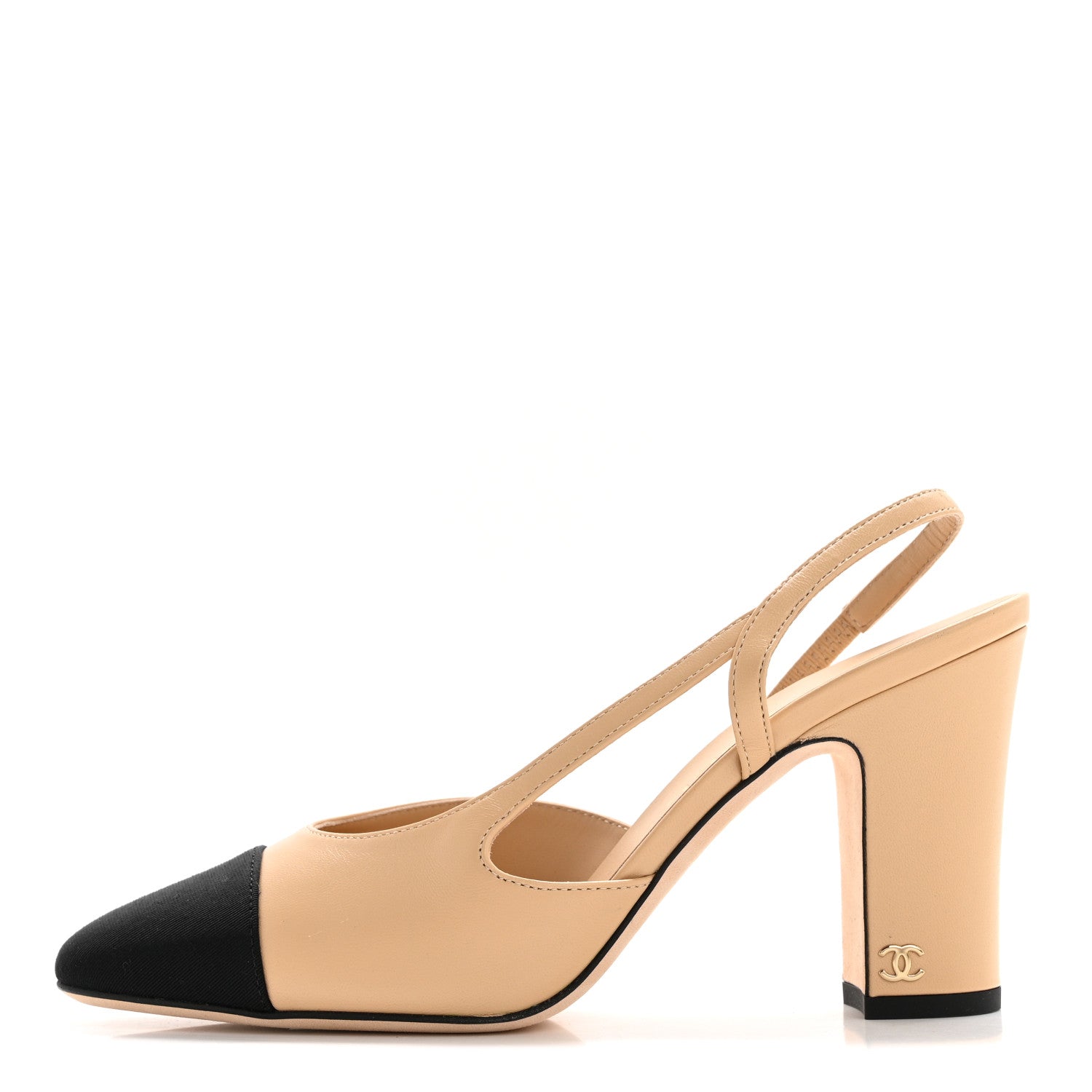 Chanel Lambskin Grosgrain Cap Toe CC Slingback Pumps 37.5 Beige Black 1 of 12
