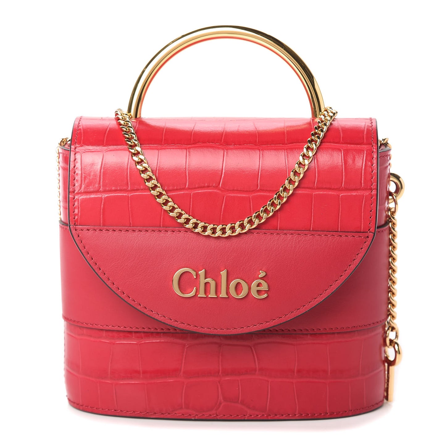 Calfskin Crocodile Embossed Small Aby Lock Crimson Pink