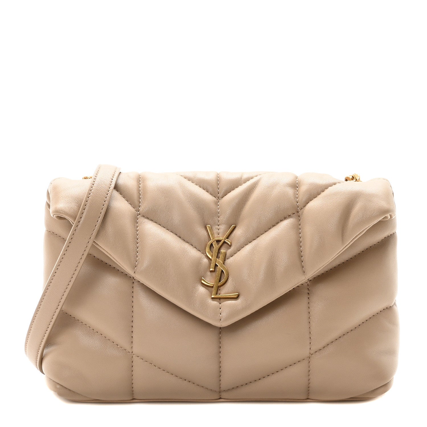 Saint Laurent Lambskin Quilted Toy Loulou Puffer Monogram Chain Satchel Dark Beige 1 of 11