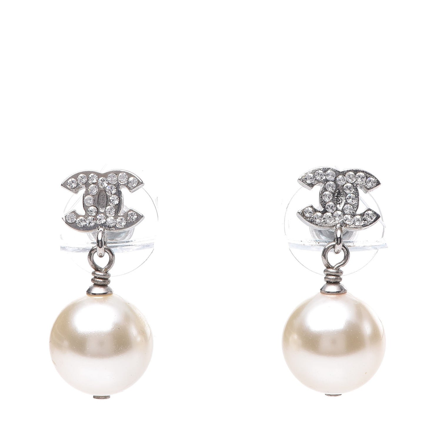 Crystal Pearl CC Drop Earrings Silver Pearly White