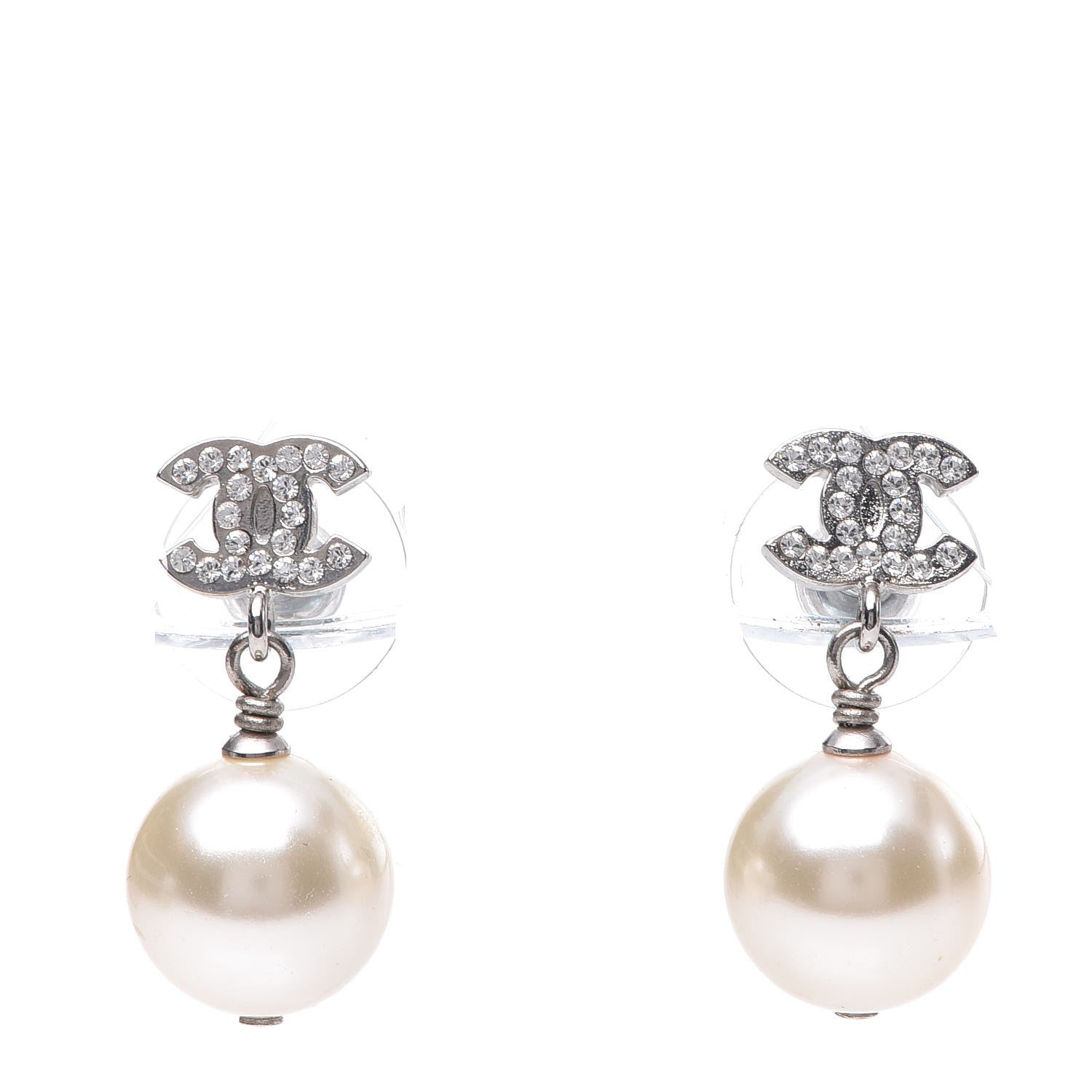 Chanel Crystal Pearl CC Drop Earrings Silver Pearly White 1 of 5