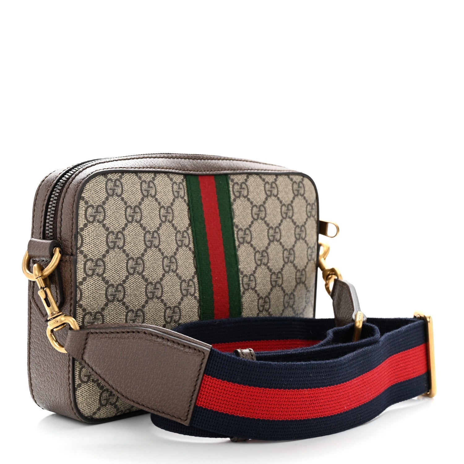 Gucci GG Supreme Monogram Textured Dollar Calfskin Web Ophidia Wristlet Shoulder Bag Beige Ebony New Acero 3 of 9