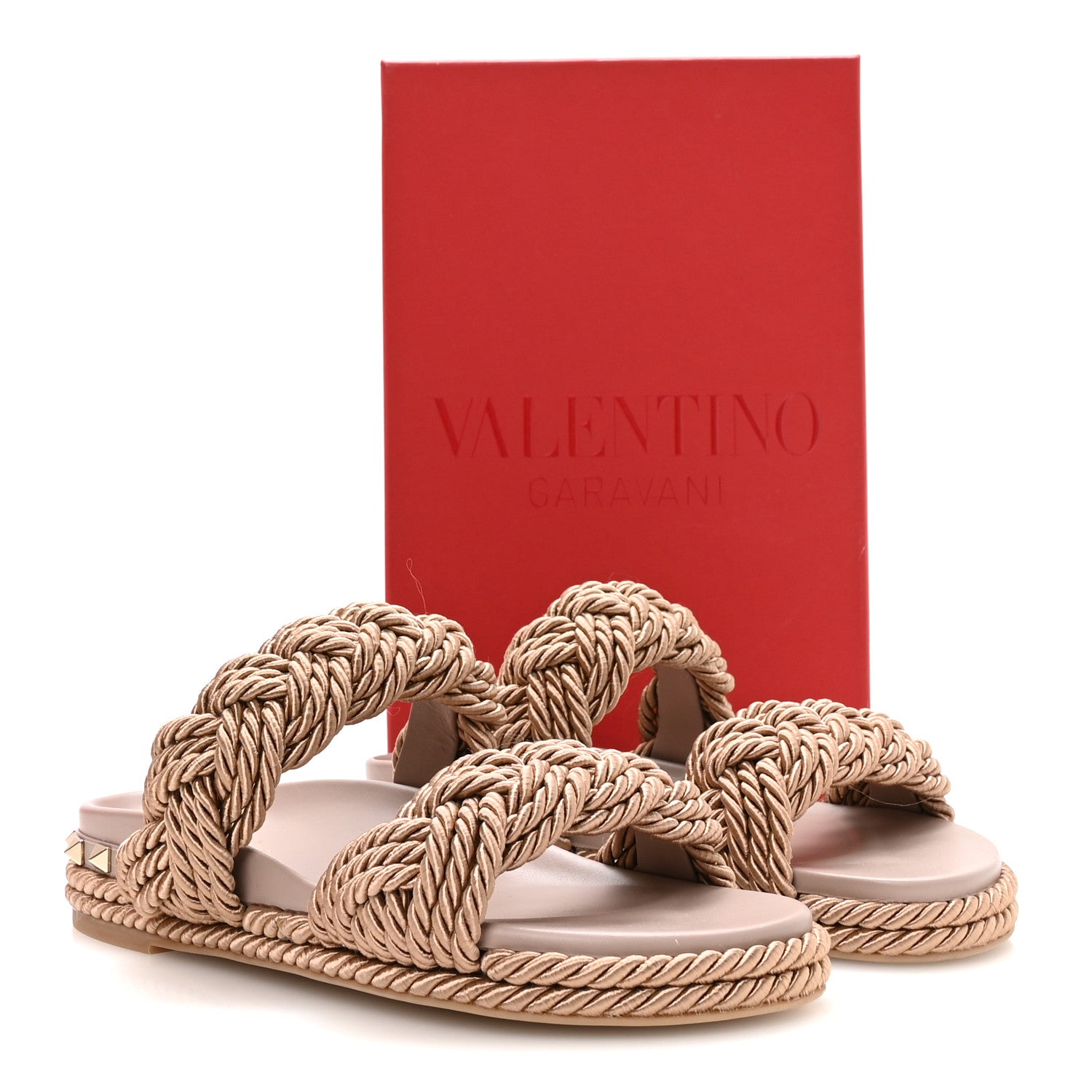 Valentino Garavani Calfskin Silk Woven Rockstud Torchon 5mm Sandals 38 Poudre 9 of 9