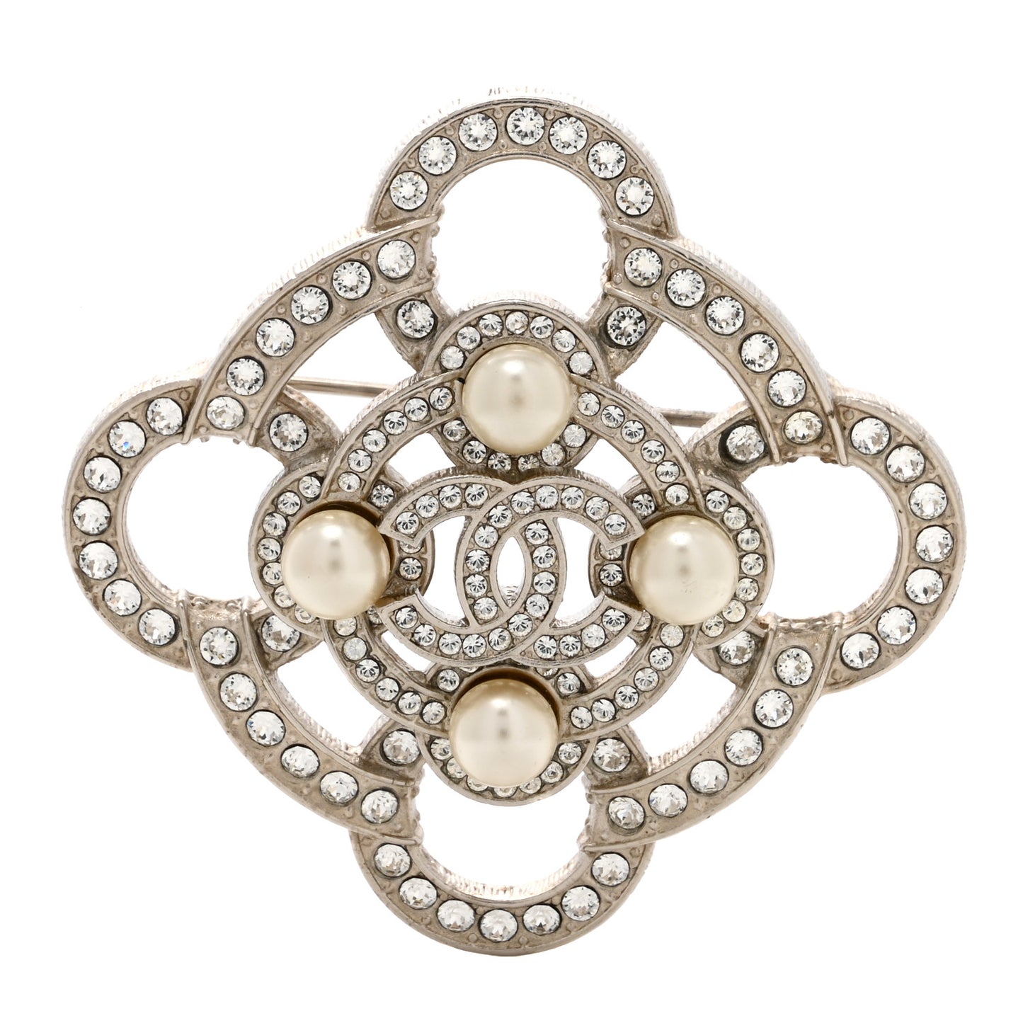Crystal Pearl CC Brooch Silver