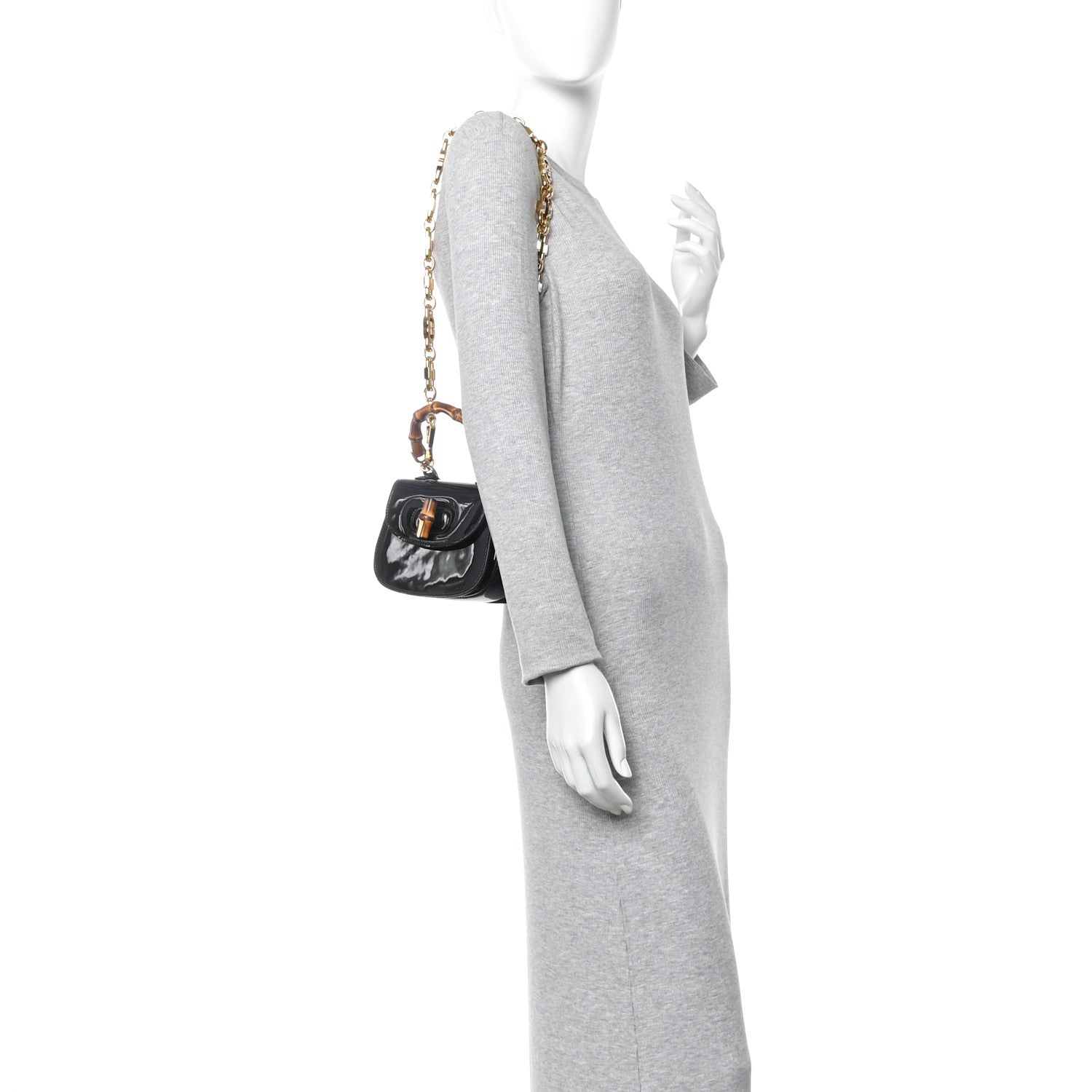Gucci Patent Crystal Mini Bamboo 1947 Top Handle Chain Bag Black 2 of 10