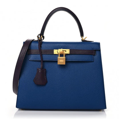Hermes Chevre Mysore Horseshoe Kelly Sellier 25 Bleu Sapphire Raisin 1 of 10