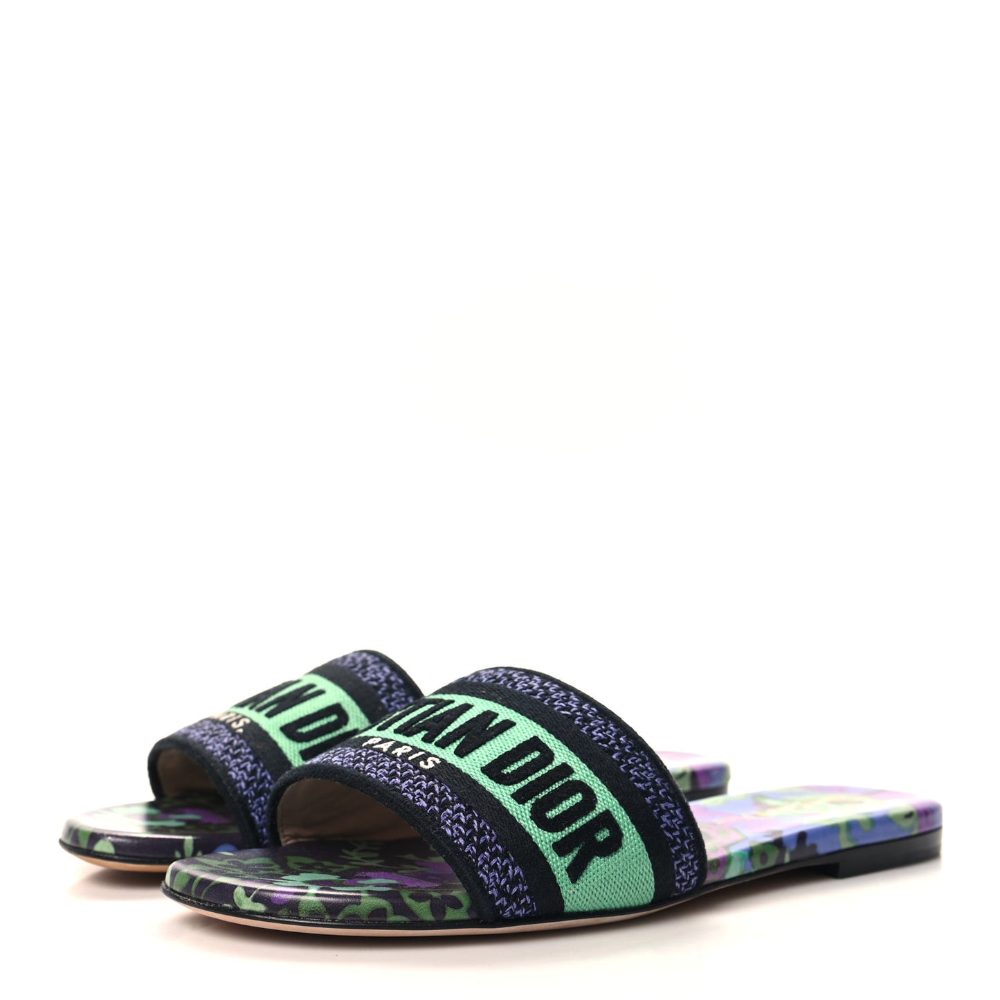 Canvas Toile de Jouy Voyage Embroidered Dway Flat Slide Sandals 36 Purple Multicolor