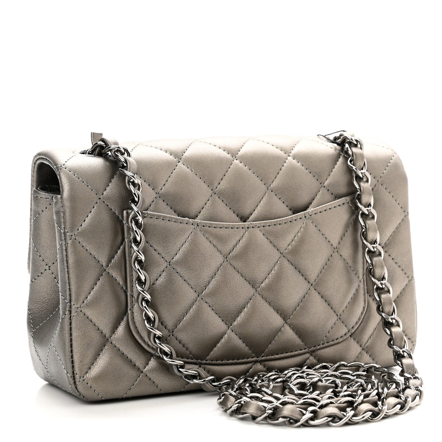 Metallic Calfskin Quilted Mini Rectangular Flap Ruthenium