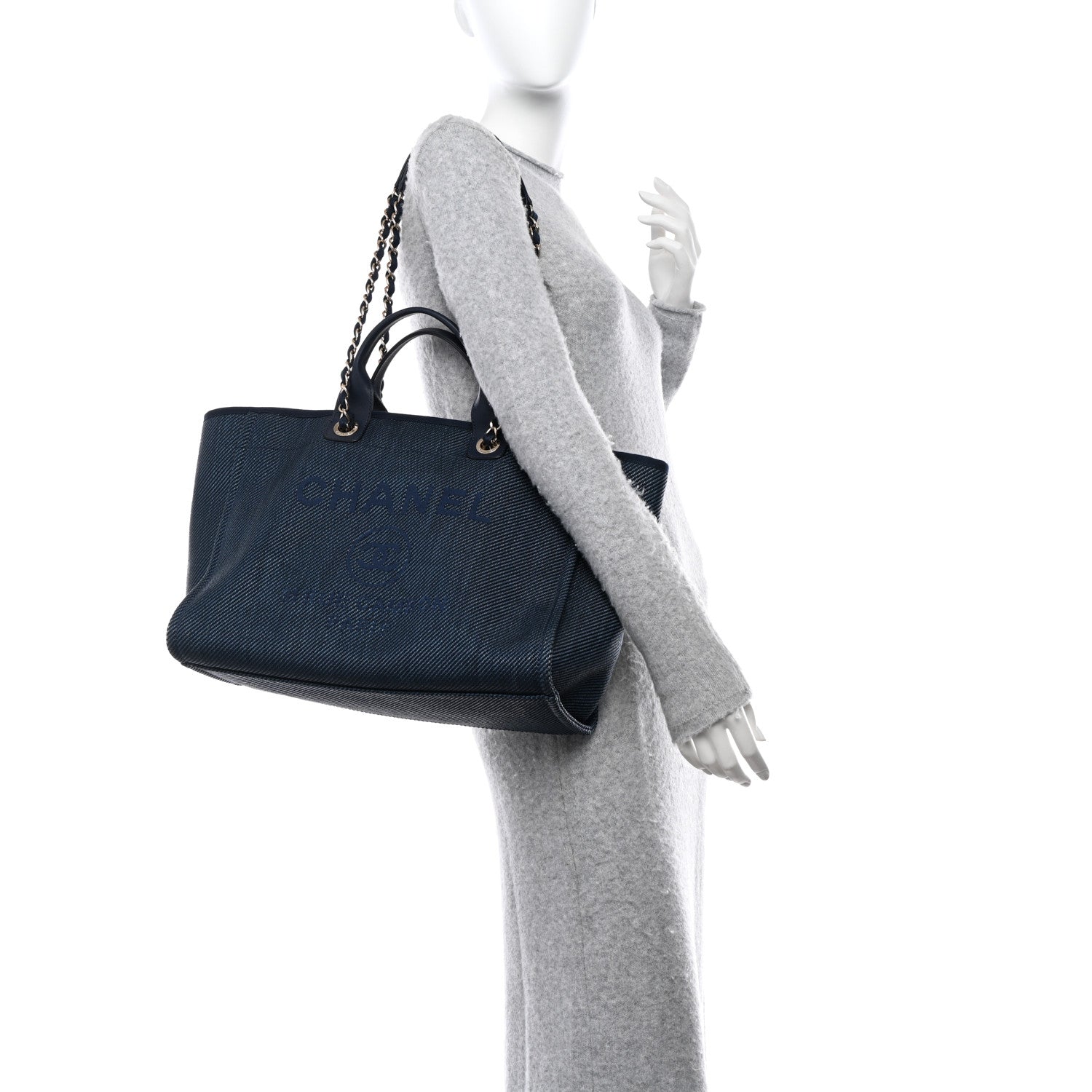 Chanel Mixed Fibers Calfskin Medium Deauville Tote Navy Blue 2 of 11