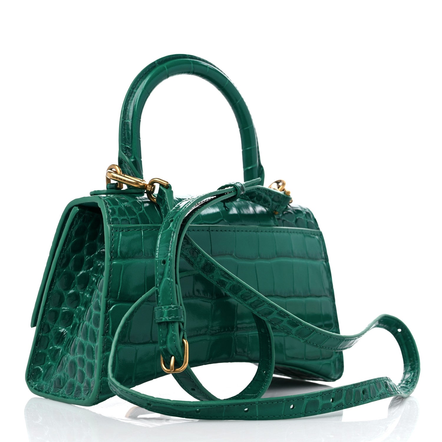 Balenciaga Shiny Calfskin Crocodile Embossed Hourglass Top Handle Bag XS Jade 3 of 13