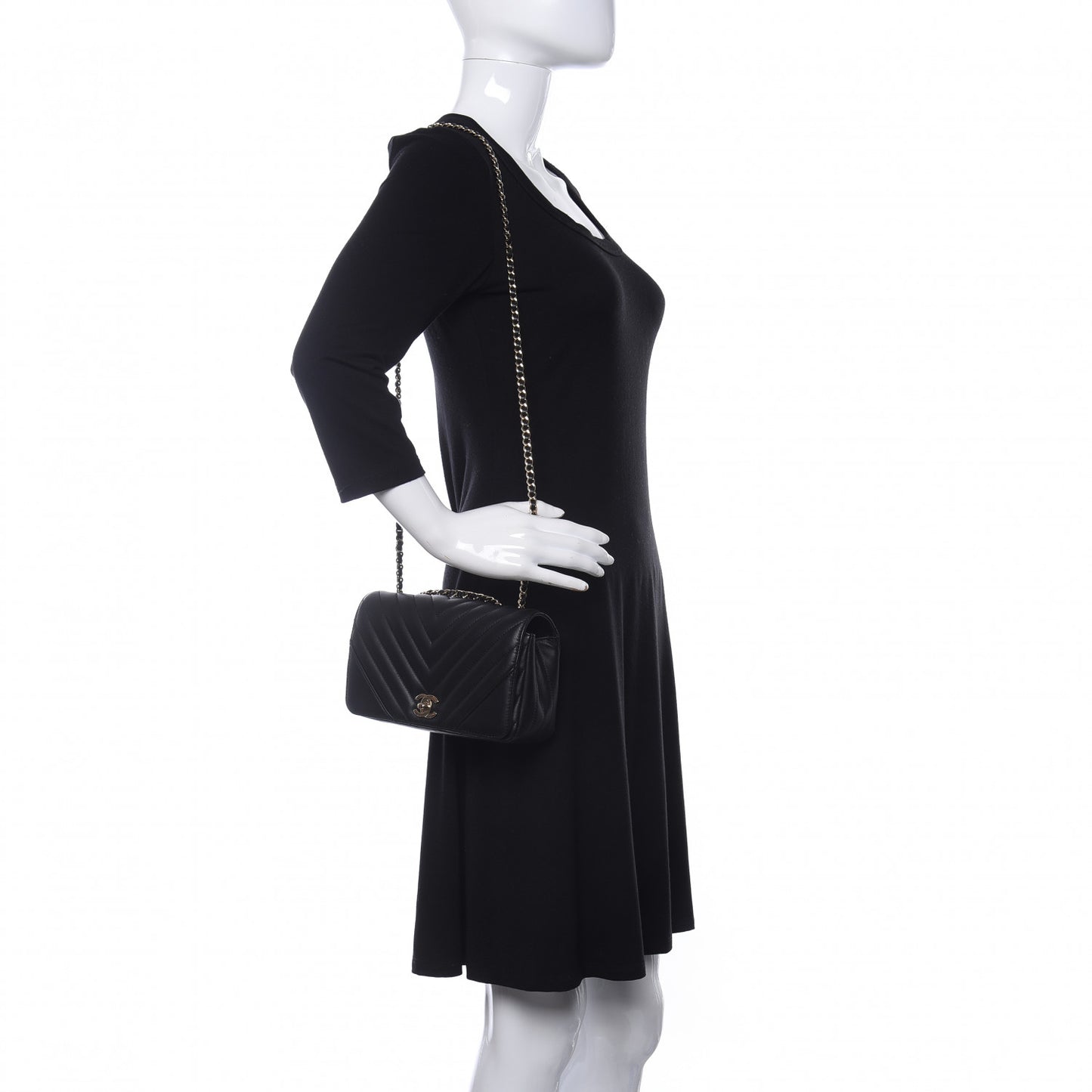 Calfskin Chevron Quilted Mini Statement Flap Black