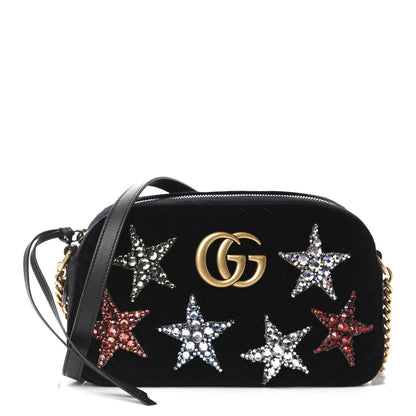 Gucci Velvet Matelasse Crystal Star Embroidered Small GG Marmont Chain Shoulder Bag Black 1 of 10