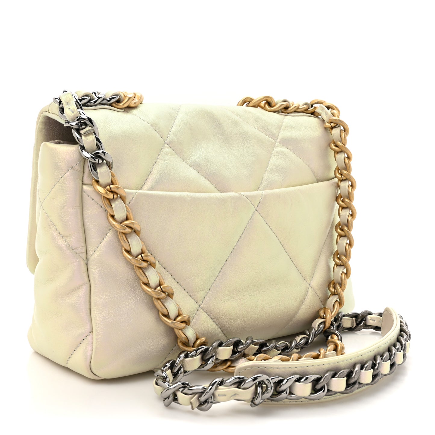Iridescent Calfskin Quilted Medium Chanel 19 Flap White