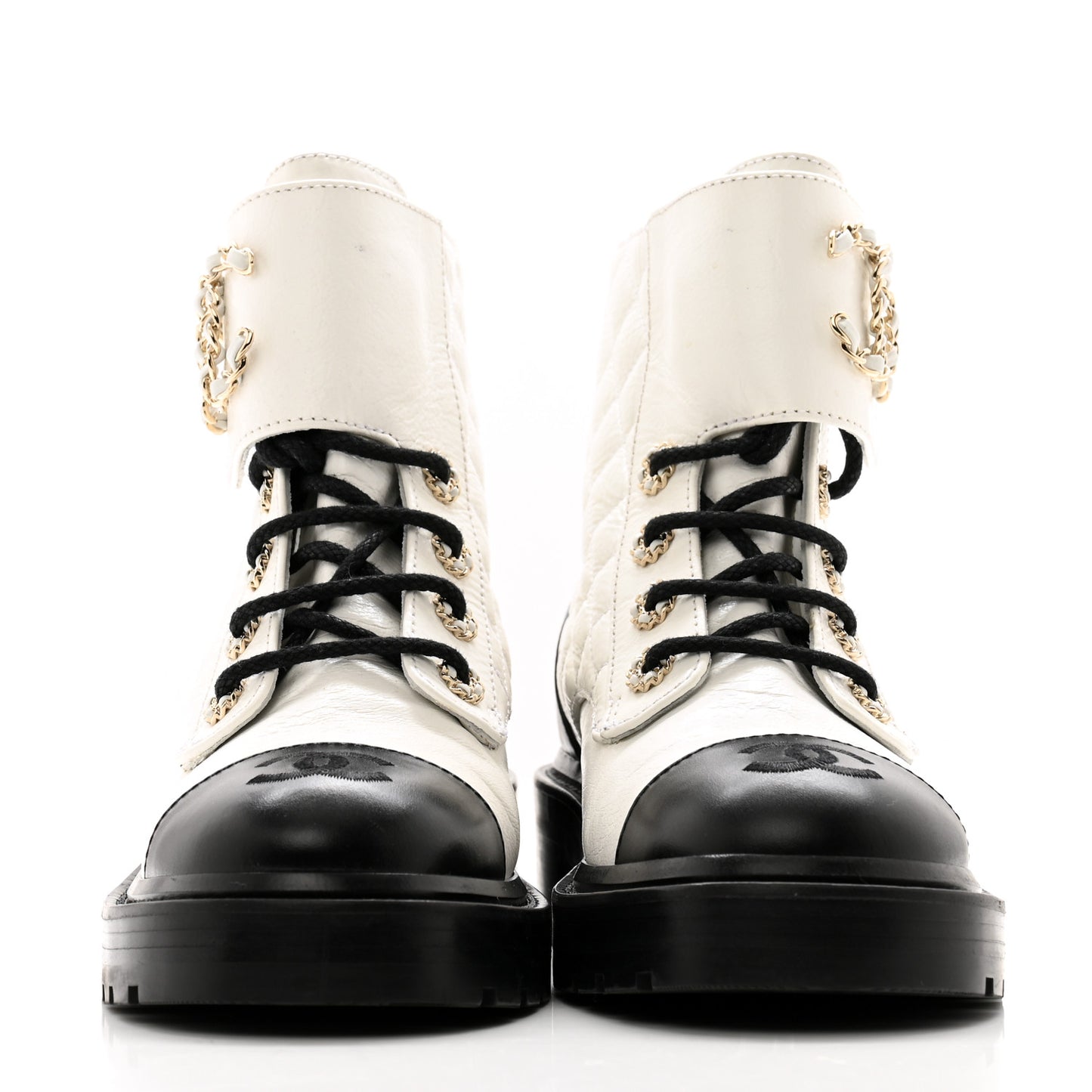 Shiny Goatskin Calfskin Quilted Lace Up Combat Boots 36 White Black