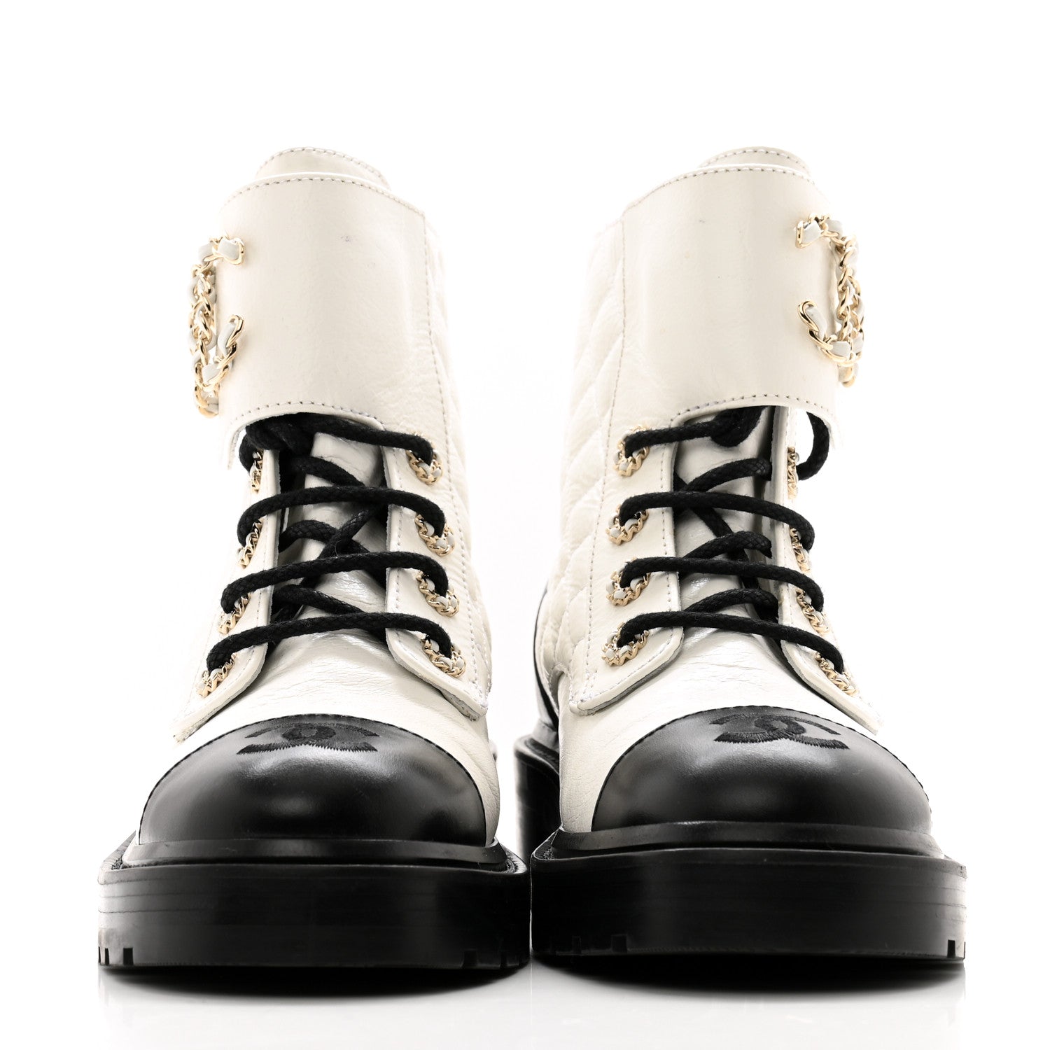 Chanel Shiny Goatskin Calfskin Quilted Lace Up Combat Boots 36 White Black 2 of 12