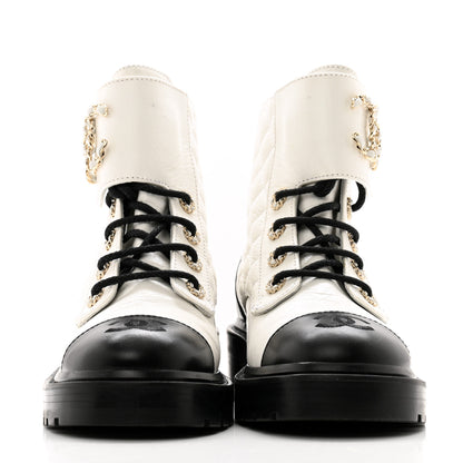 Chanel Shiny Goatskin Calfskin Quilted Lace Up Combat Boots 36 White Black 2 of 12