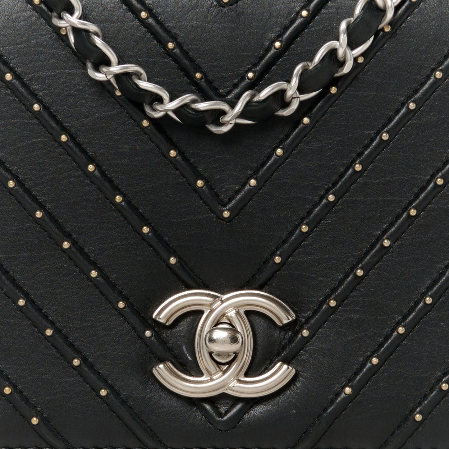 Calfskin Studded Chevron Quilted Flap Black