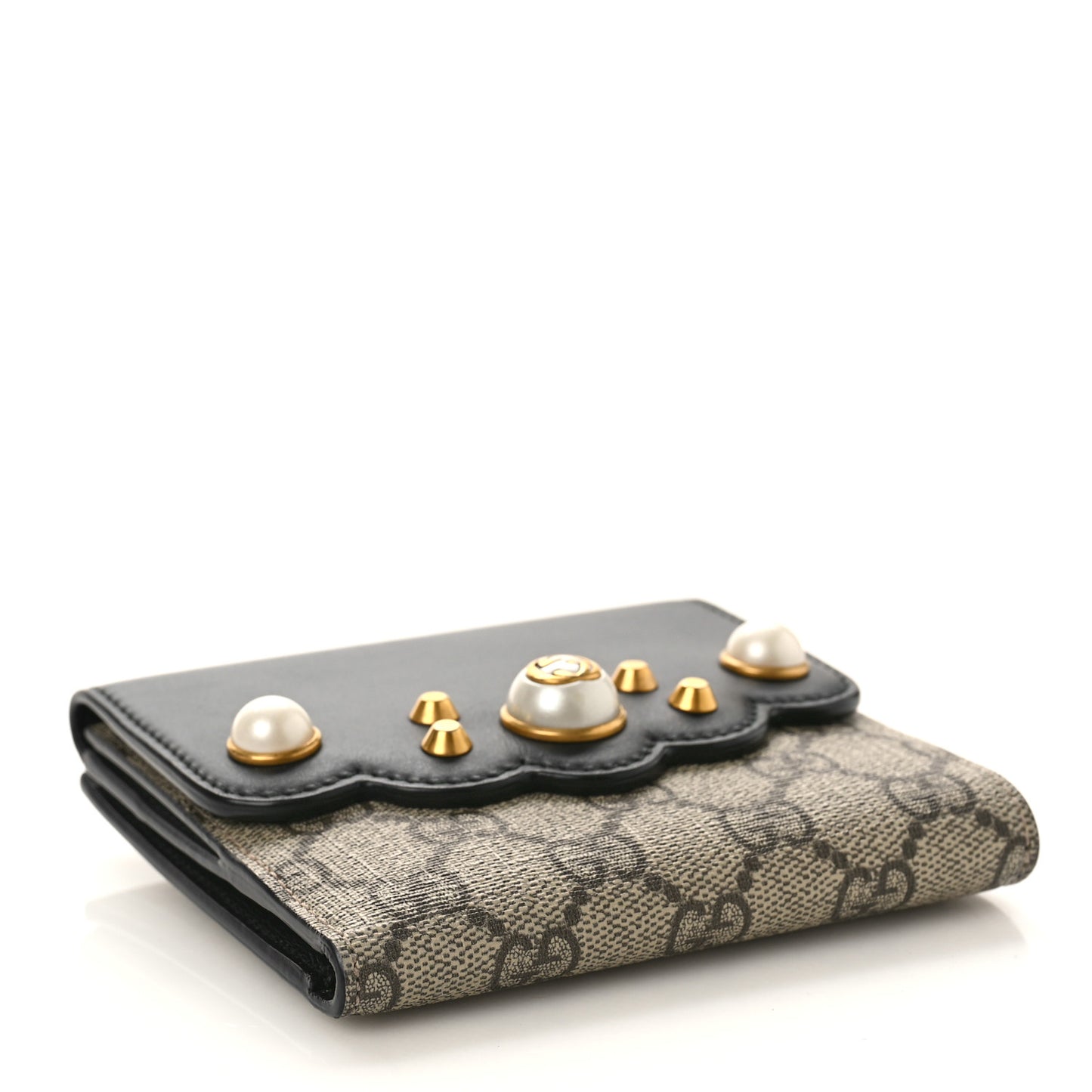 GG Supreme Monogram Pearl Studded French Wallet Black