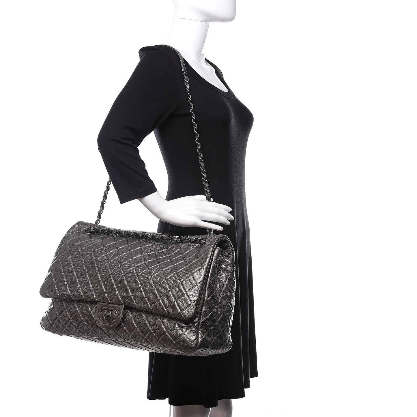 Metallic Calfskin Quilted XXL Travel Flap Bag Dark Silver