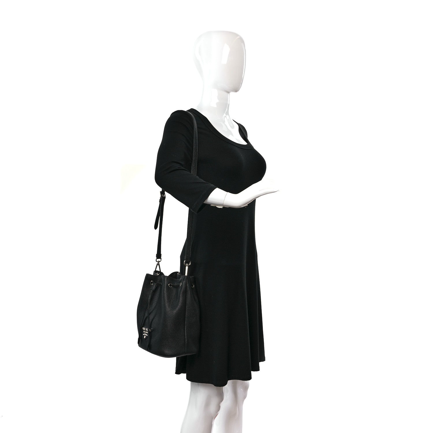 Prada Vitello Daino Soft Drawstring Bucket Bag Black 2 of 9
