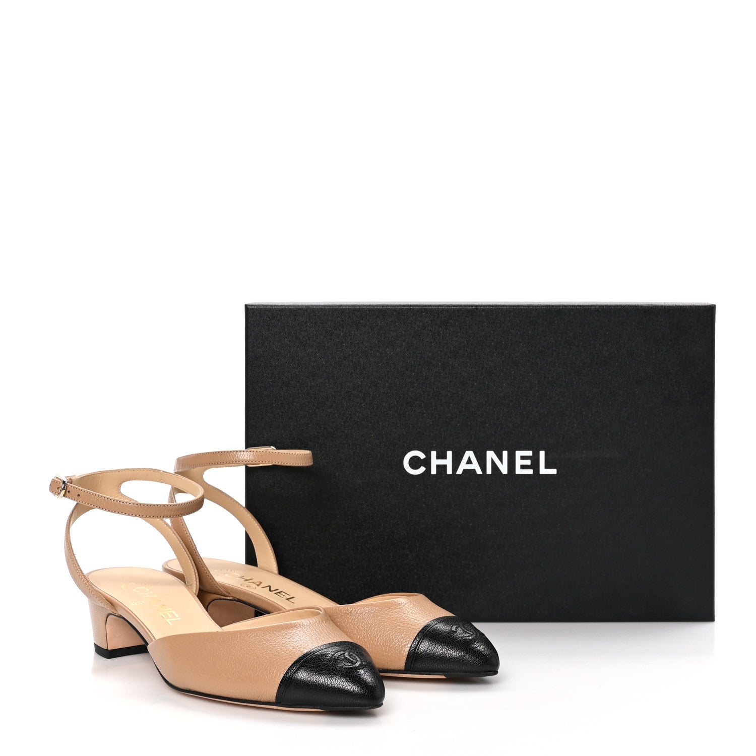 Chanel Lambskin Cap Toe CC Slingback Sandals 37.5 Beige Black 9 of 9