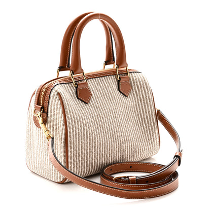Celine Triomphe Textile Calfskin Striped Small Boston Bag Natural Tan 3 of 11