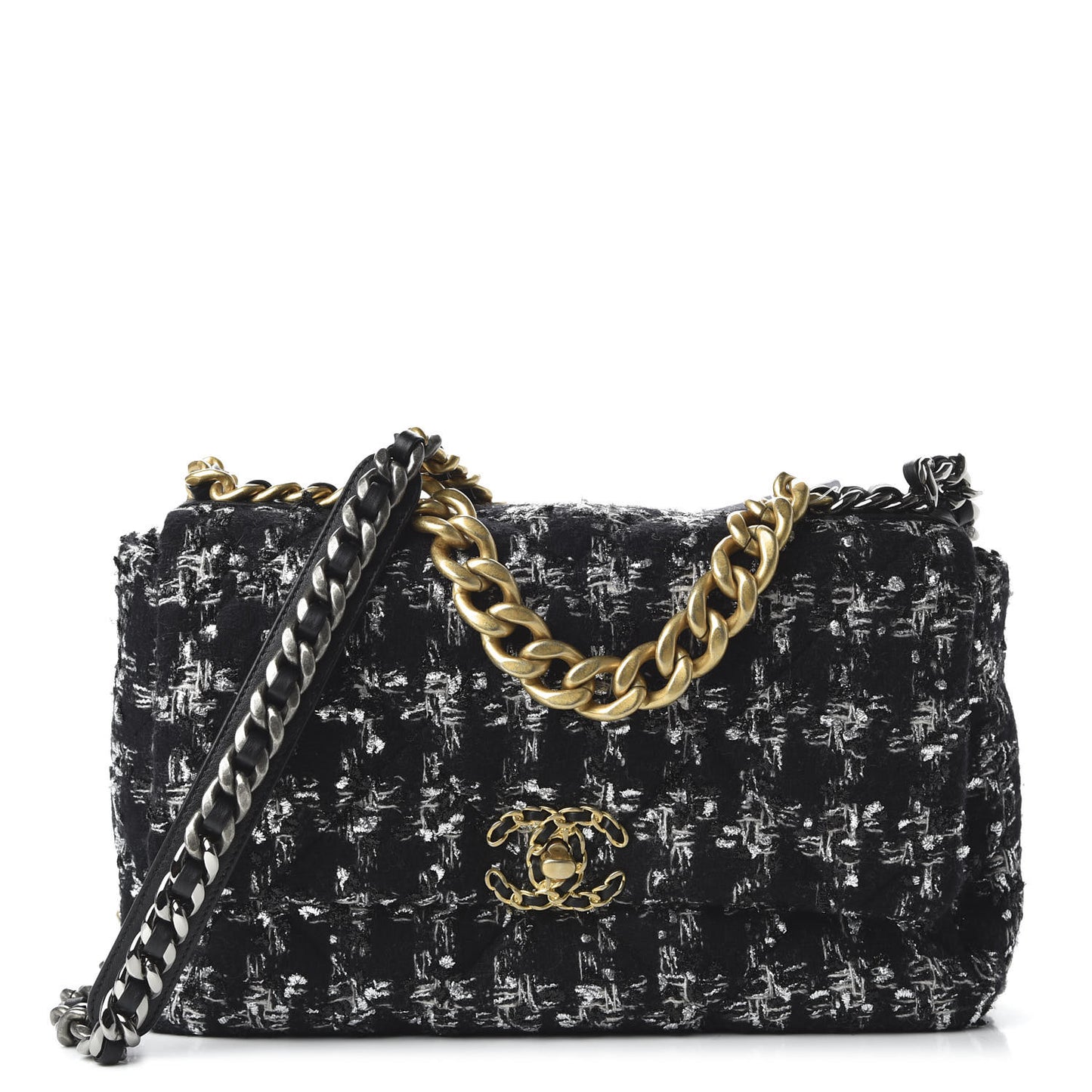Tweed Quilted Large 19 Flap Black Ecru White