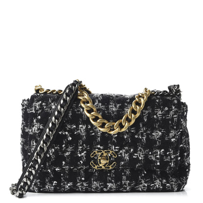 Chanel Tweed Quilted Large 19 Flap Black Ecru White 1 of 10