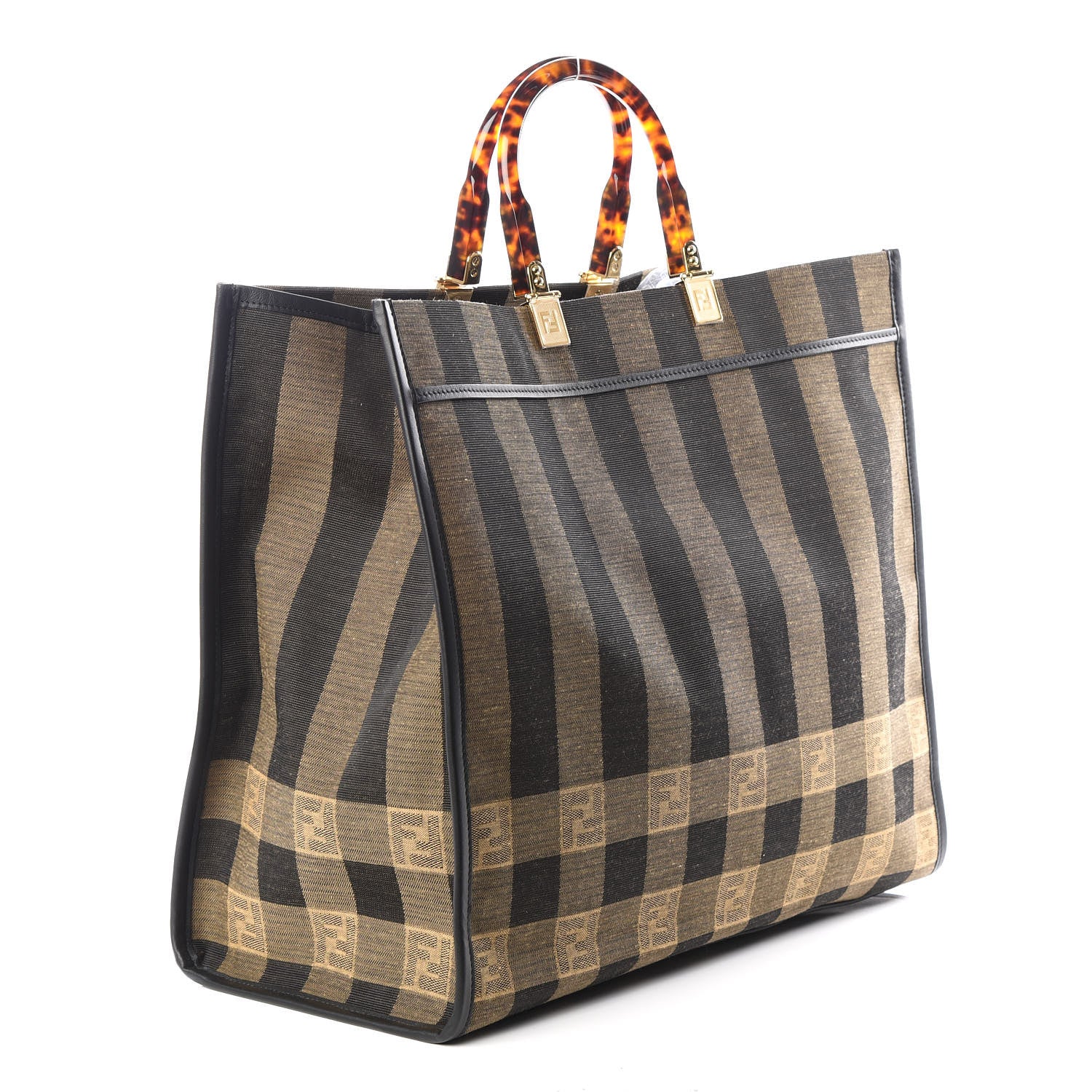 Fendi Fabric Jacquard Vitello Seta Plexiglass Pequin Gingham Large Fendi Sunshine Shopper Tote Tobacco Moro Black 2 of 11