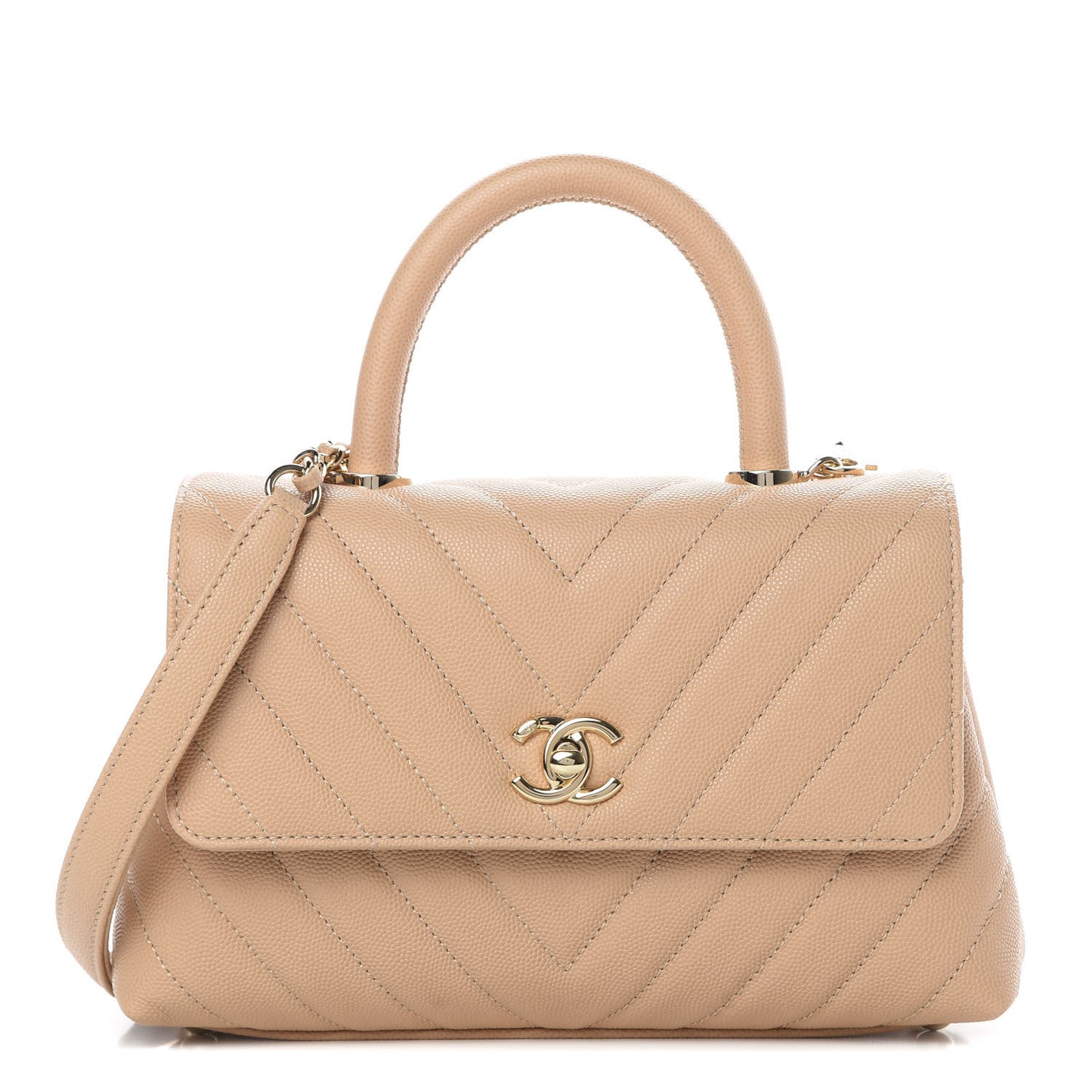 Caviar Chevron Quilted Mini Coco Handle Flap Beige