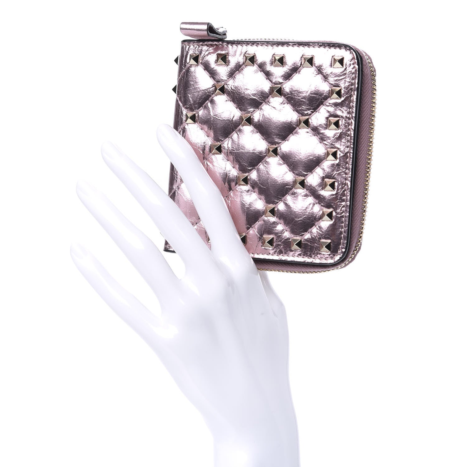 Valentino Garavani Metallic Wrinkled Lambskin Rockstud Spike Compact Zip Around Wallet Lipstick 2 of 7