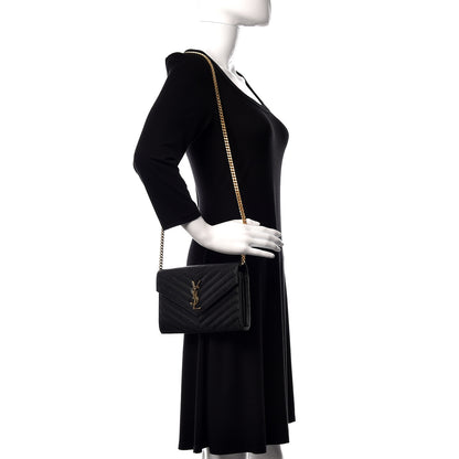 Saint Laurent Grain De Poudre Matelasse Chevron Monogram Chain Wallet Black 2 of 12