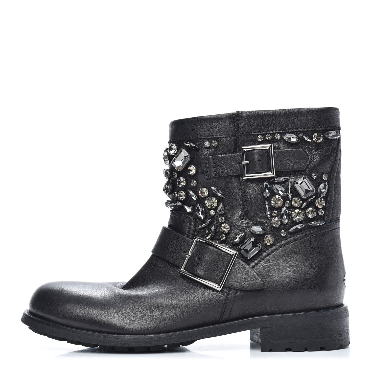 Jimmy Choo Calfskin Crystal Embellished Youth Biker Boots 39.5 Black 1 of 7