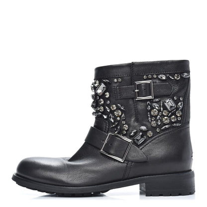Jimmy Choo Calfskin Crystal Embellished Youth Biker Boots 39.5 Black 1 of 7