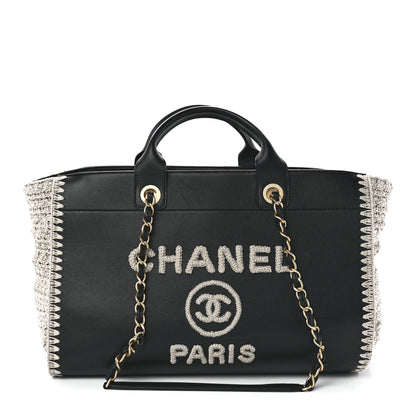 Chanel Calfskin Knit Medium Deauville Tote Black Beige 1 of 11