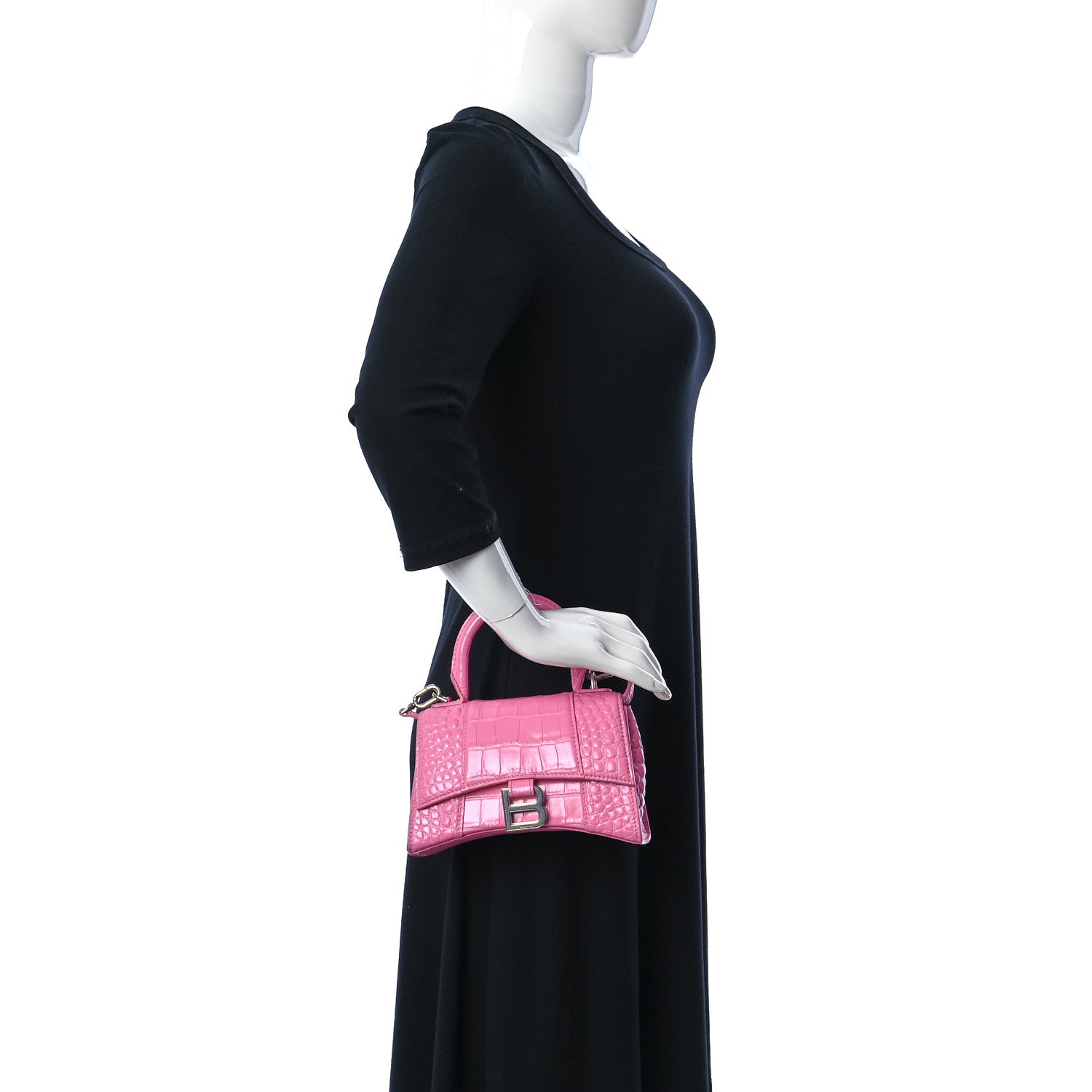 Balenciaga Shiny Calfskin Crocodile Embossed Hourglass Top Handle Bag XS Baby Pink 3 of 11