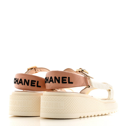 Chanel Lambskin Logo Platform Sandals 38.5 Beige Ivory White 5 of 10