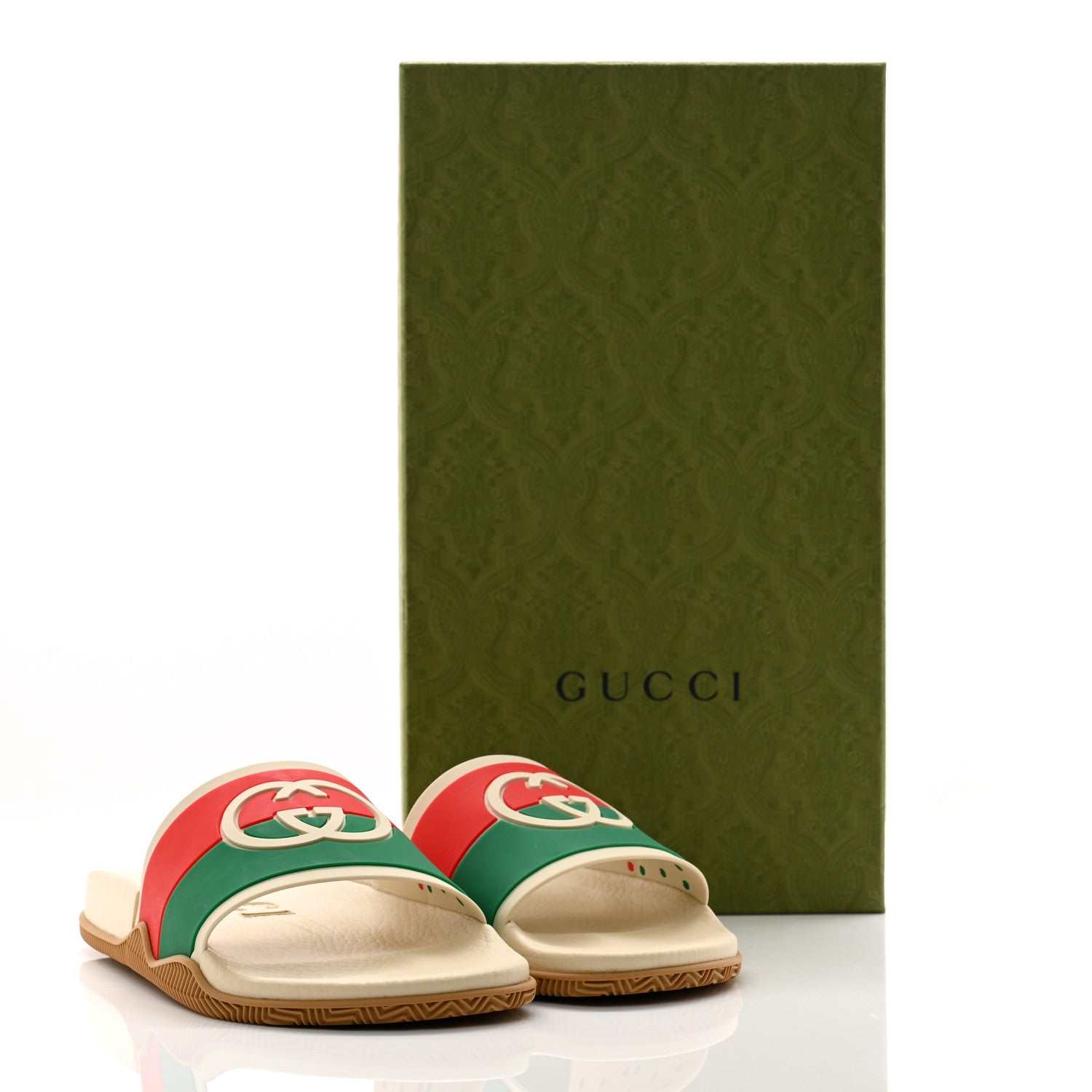 Gucci Rubber Web Womens Interlocking G Slide Sandals 40 Mystic White Green Red 9 of 9
