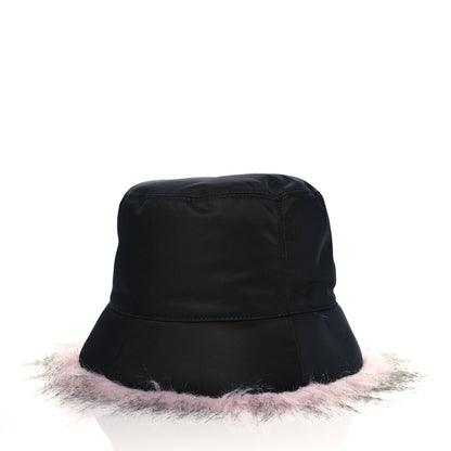 Prada Re-Nylon Faux Fur Metal Triangle Logo Womens Bucket Hat M Black Alabastro 4 of 8