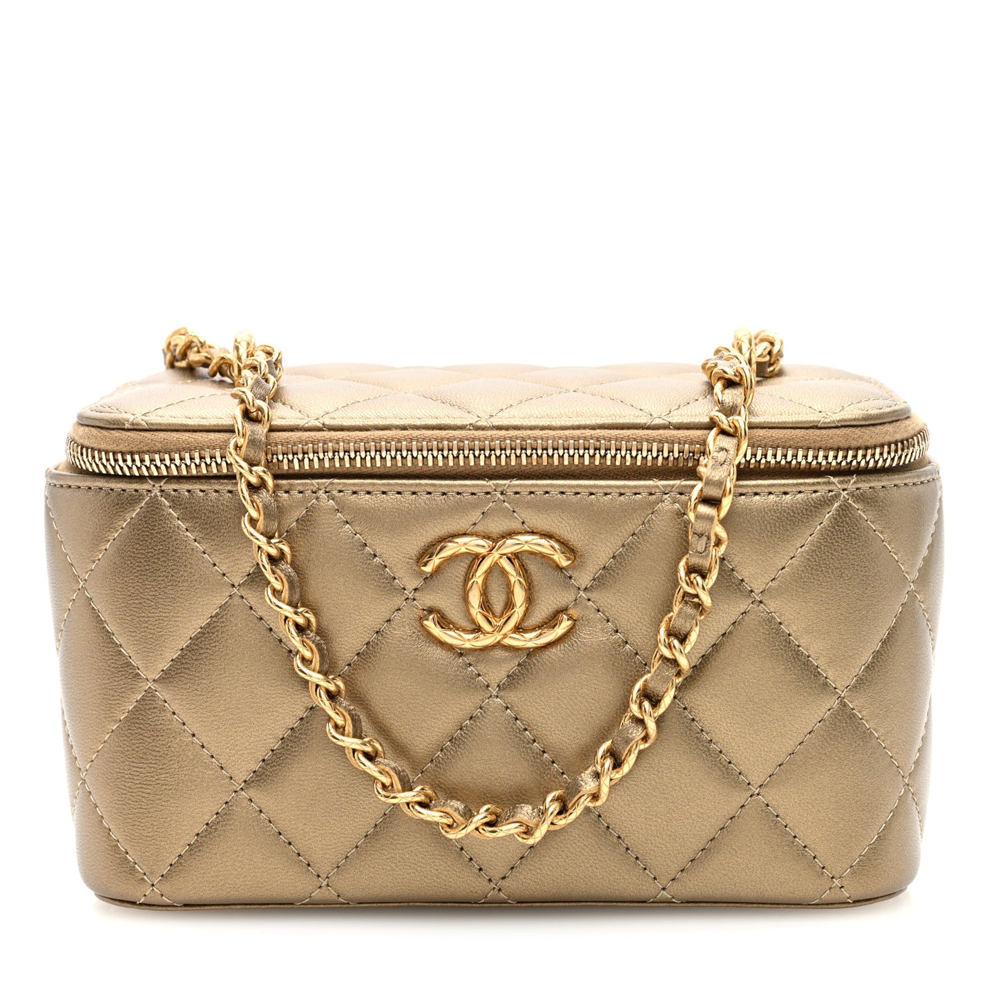 Metallic Lambskin Quilted Small CC Dynasty Vanity Case With Chain Gold