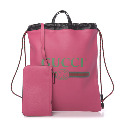 Gucci Grained Calfskin Logo Drawstring Backpack Box Pink Green Black 1 of 10