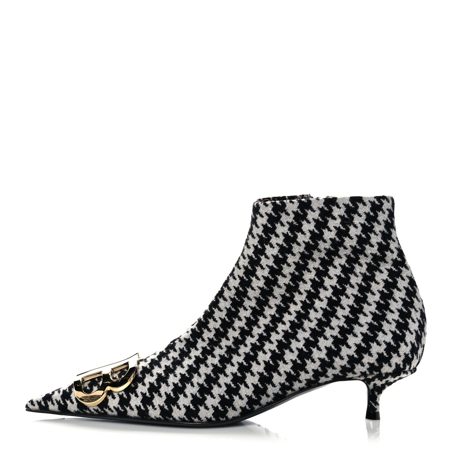 Wool Houndstooth BB Pointy Toe Ankle Booties 36 Black Ivory