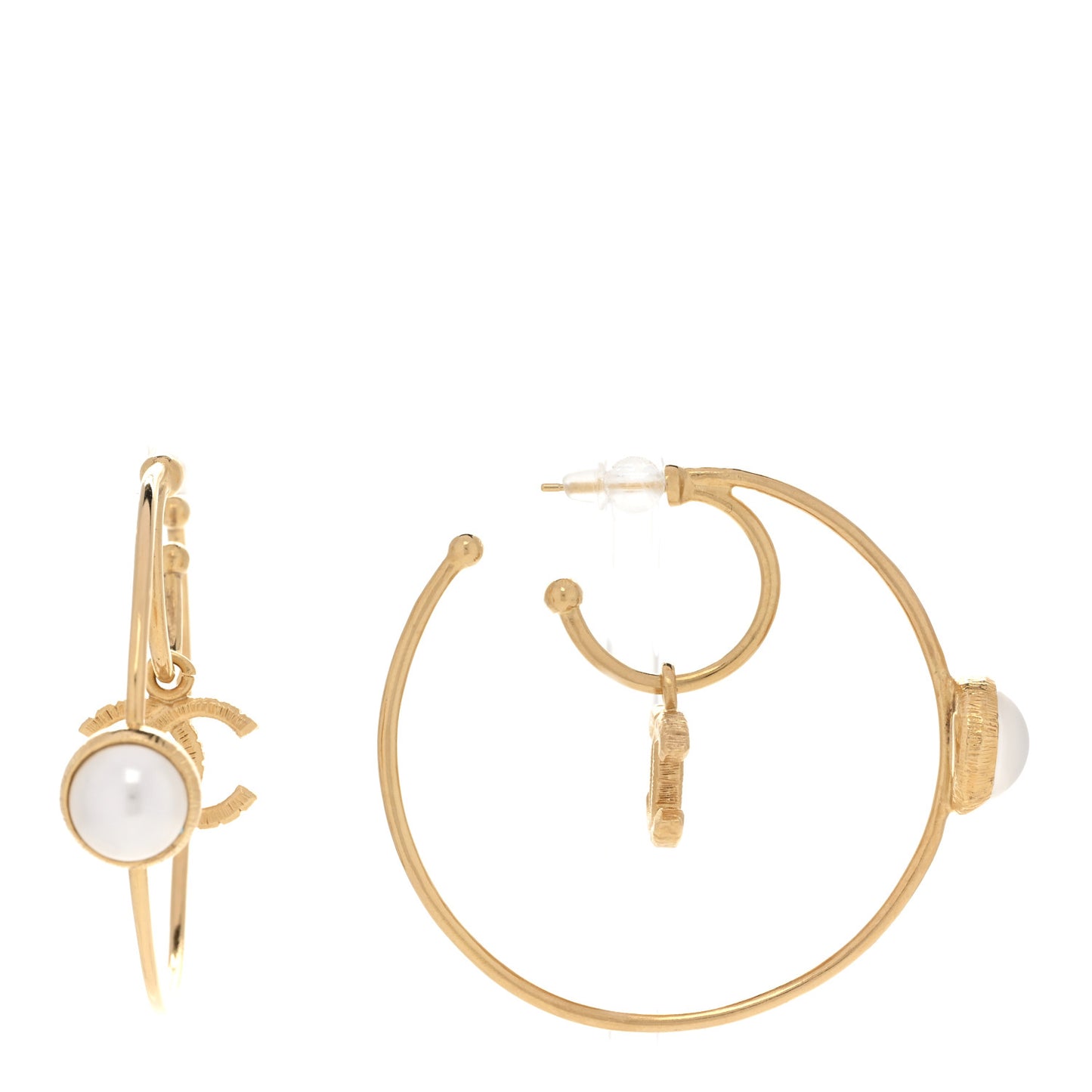 Pearl CC Tags Hoop Earrings Gold