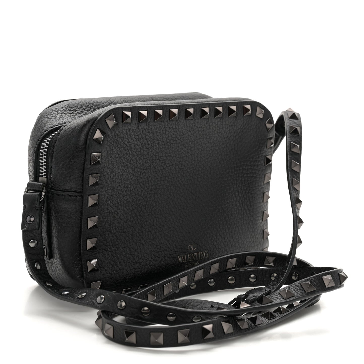 Grained Calfskin Rockstud Camera Crossbody Bag Black