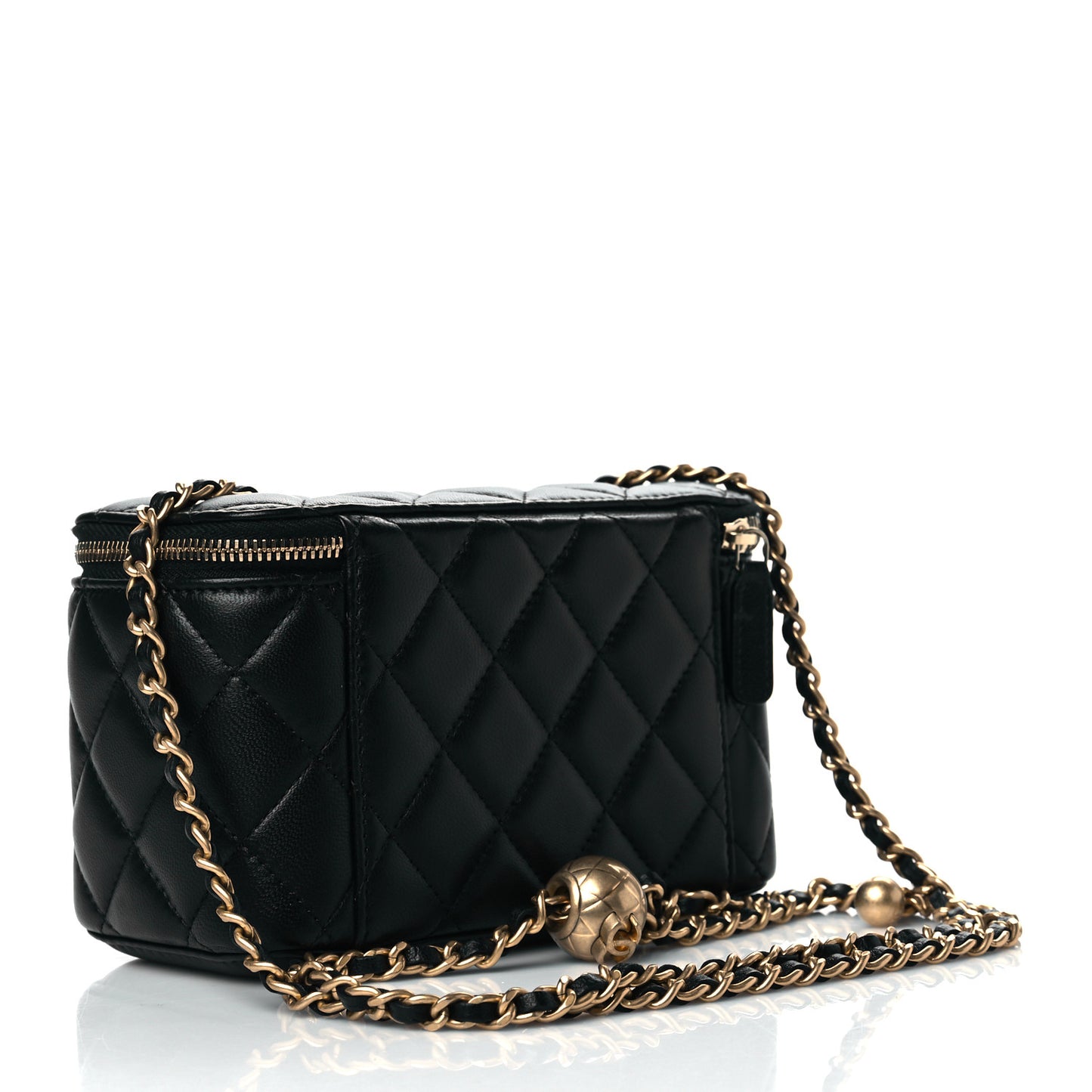 Lambskin Quilted Small Pearl Crush Vanity Case With Chain Black