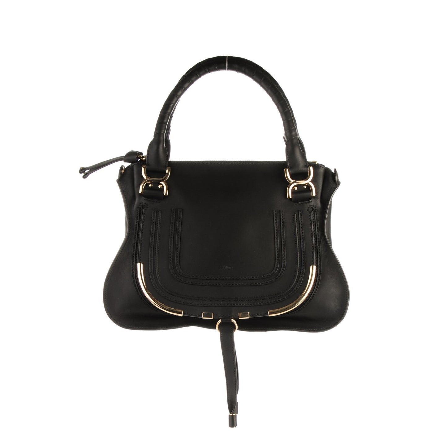 Calfskin Medium Marcie Metal Bar Trim Satchel Black